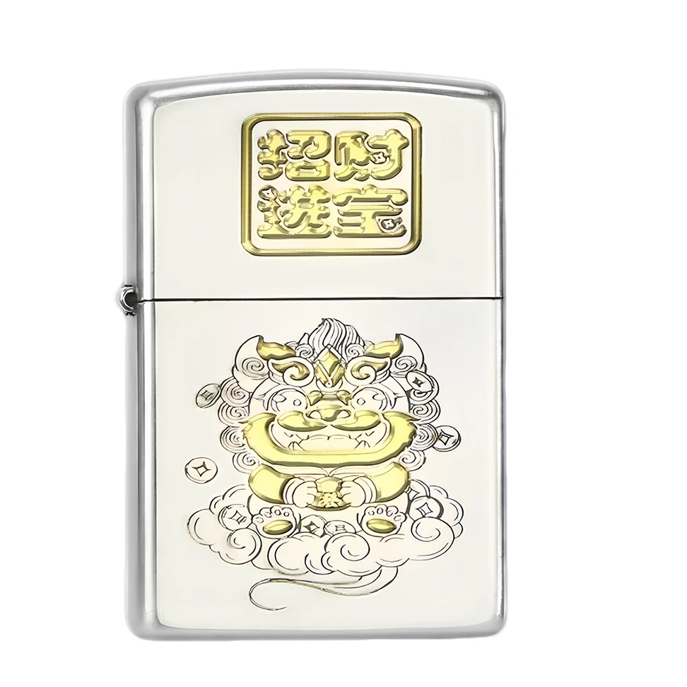 ZIPPO/之宝【萌宠貔貅】 金冰双色 镀铬缎砂精雕刻 防风打火机 DYJ1