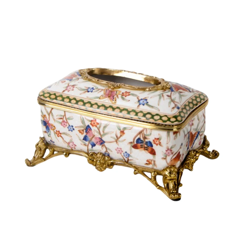 【奇居高端】铜配瓷花蝶纷飞纸巾盒家用客厅抽纸盒#JW-1911-H275