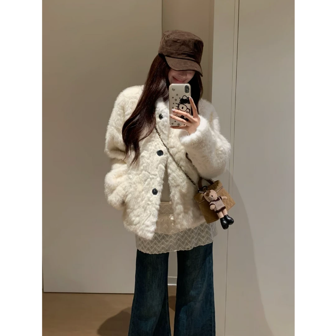 娇俏千金环保草草仿小湖羊半卷毛秋冬加厚短款皮毛一体毛毛外套