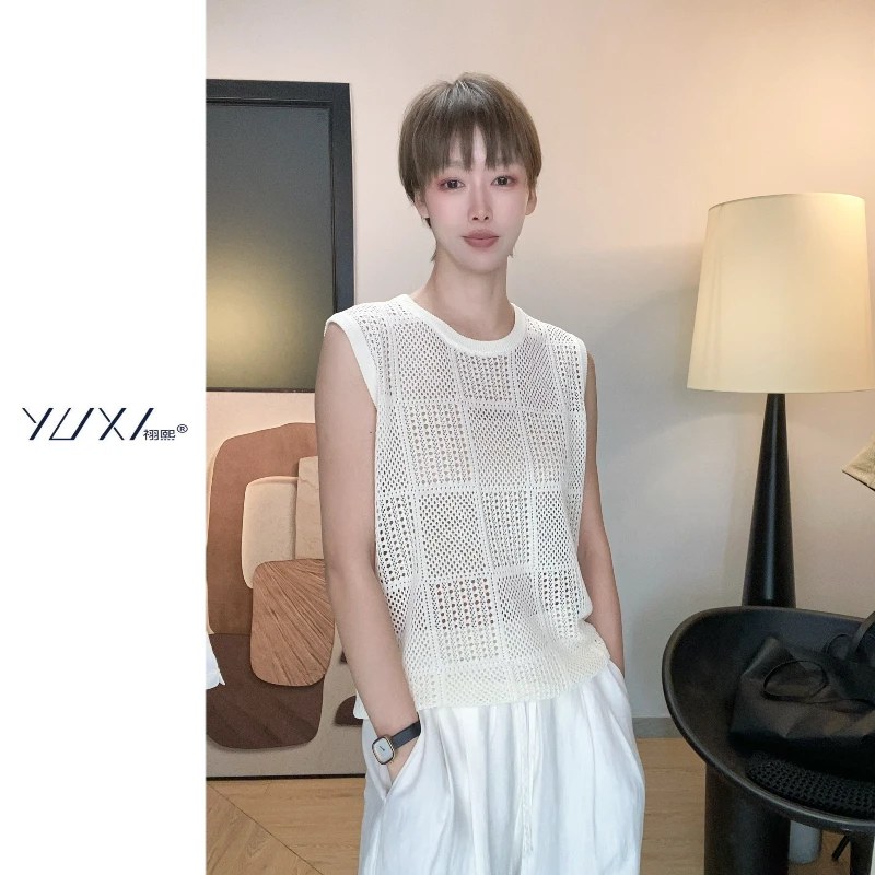 莱赛尔亚麻钩花镂空无袖针织马甲夏季时尚小众薄款透气叠穿百搭超