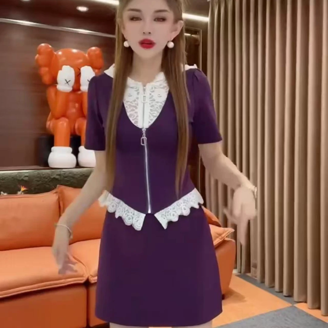 8009 夏季蕾丝拼接连帽套装