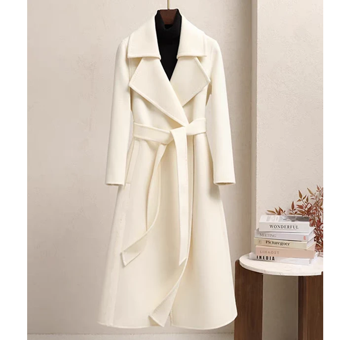 白色新款长款修身显瘦高端手工缝制双面绵羊毛大衣外套8810毛呢女