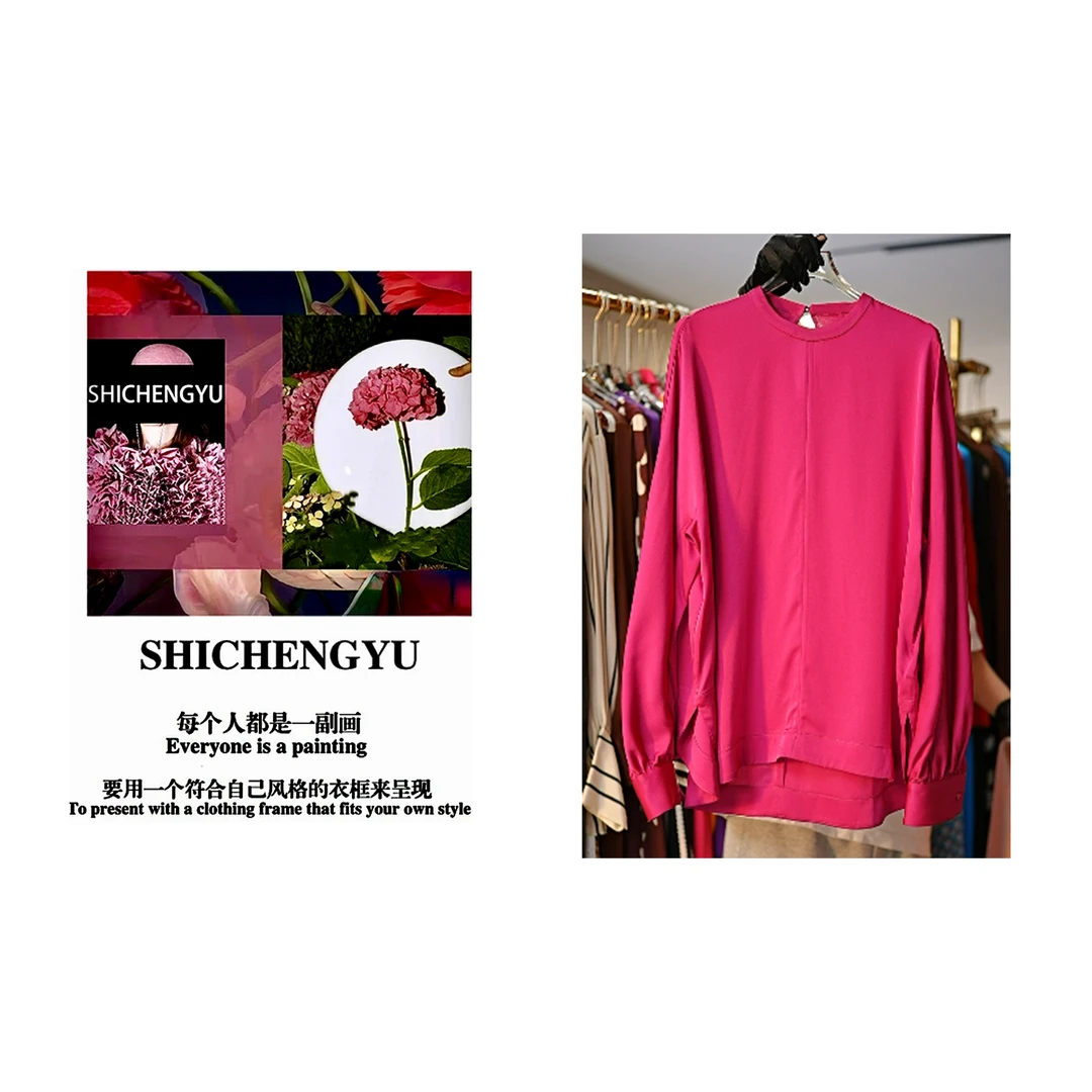 S001「SHICHENGYU」时尚设计师新款「玫瑰未眠」圆领玫红色上衣