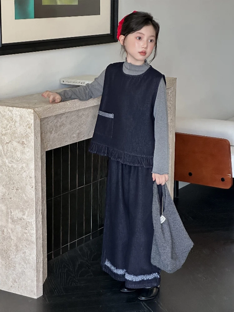 大童女装时髦套装洋气女童秋季牛仔马甲三件套秋装2025新款儿童装