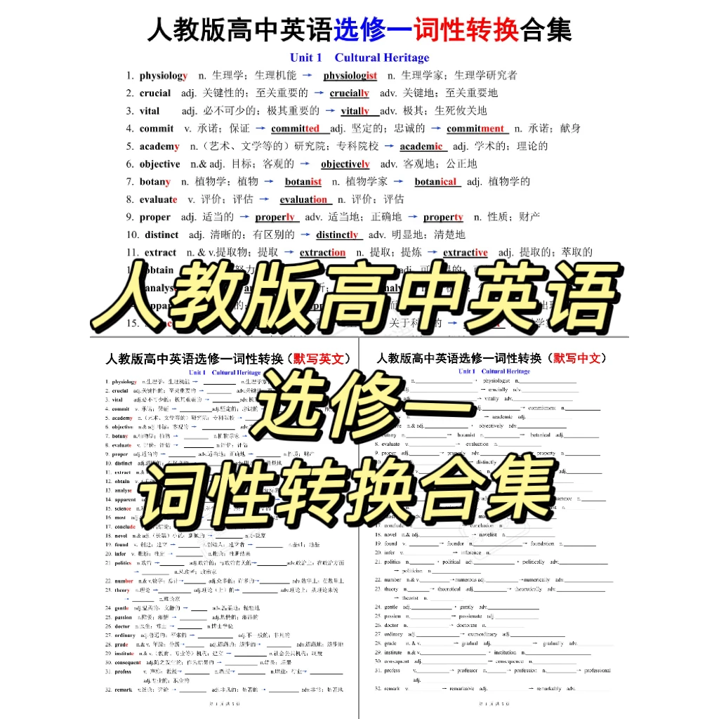 G648-人教版高中英语（选修一）词性转换合集背诵 默写 PDF电子版