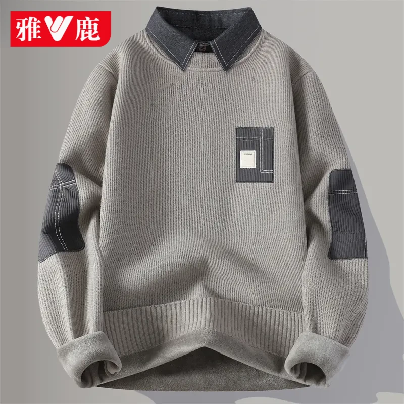 雅鹿一体绒毛衣男秋冬季潮牌青年拼色假两件休闲保暖衬衫领针织衫