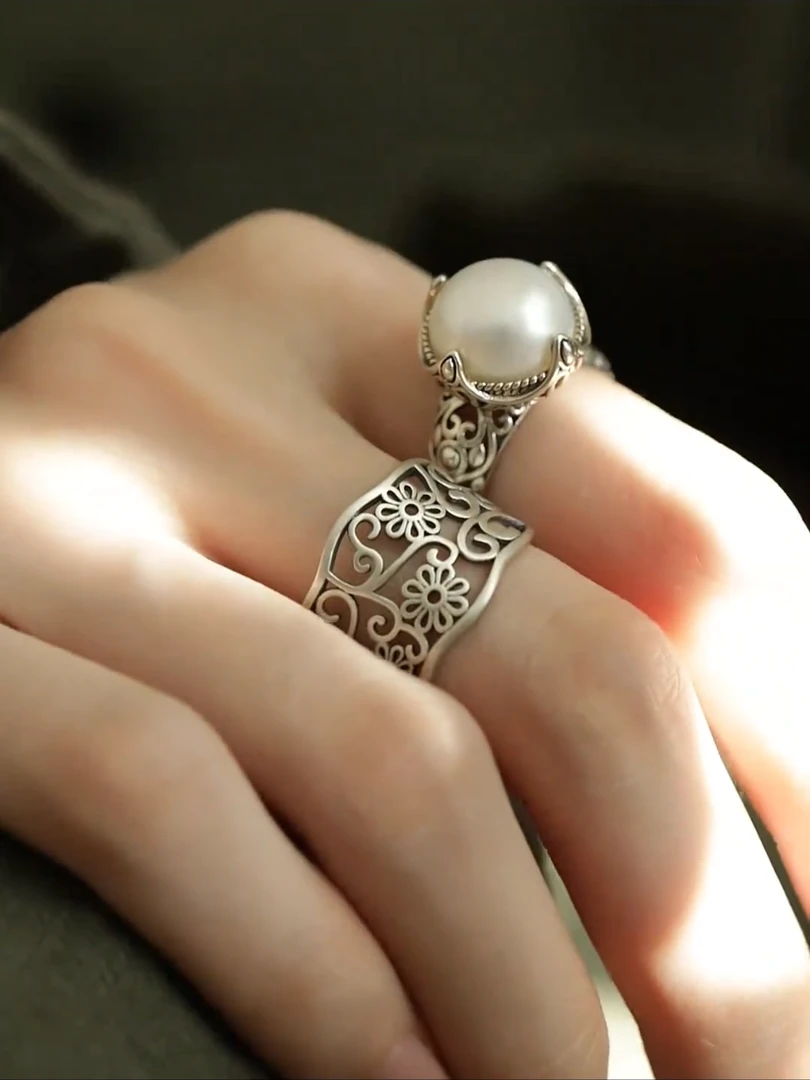 新中式珠珠雕花戒指原创设计指环时尚小众复古宫廷风格开口可调节