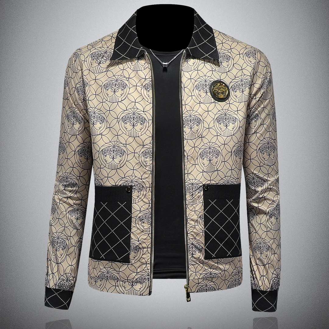 路茨梅帕轻奢风休闲外套男款春秋款夹克帅翻领印花修身时尚茄克