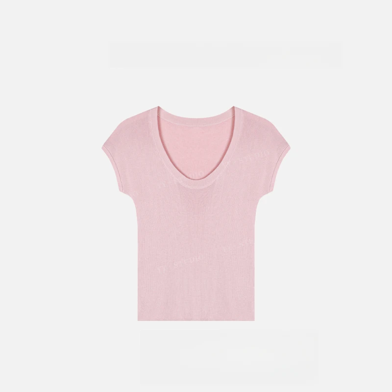 圆领纯色2025夏季新款打底百搭纯色U领针织短袖女气质上衣H8-42