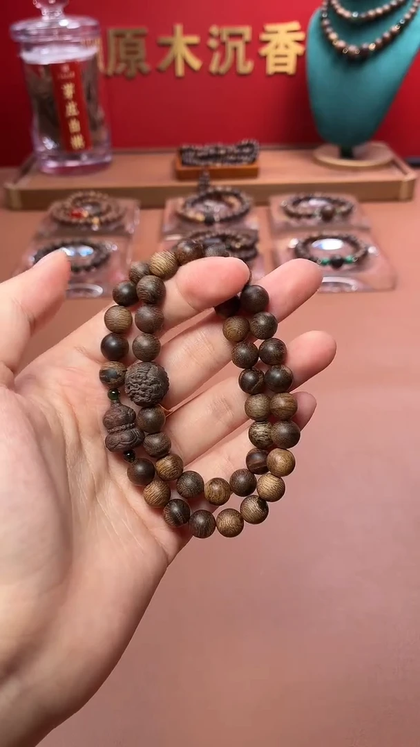 沉香手串沉水越南富森红土瘿子瘤疤08两圈设计款