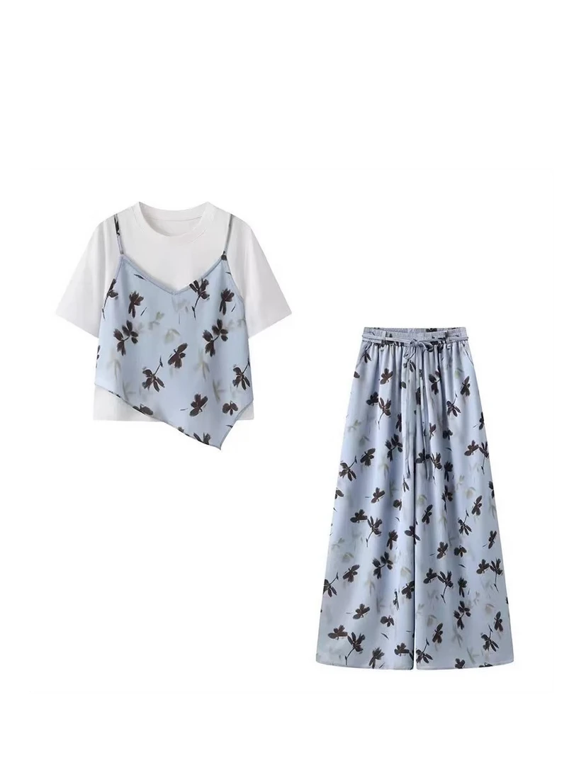 【沁蓝】2025夏季新款假两件碎花吊带圆领短袖松紧腰宽松长裤两件套