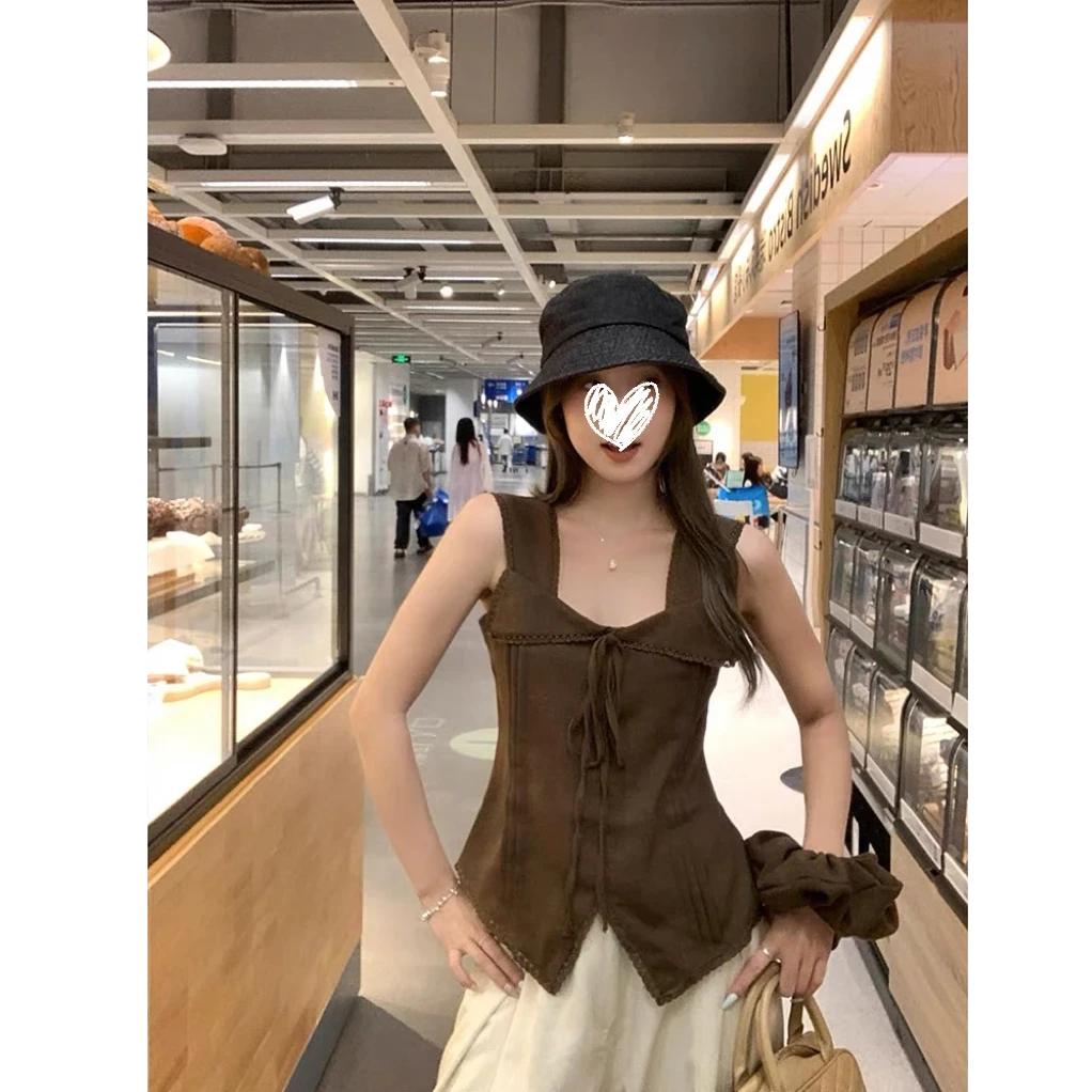 蕾丝拼接吊带背心女辣妹蝴蝶结系带收腰显瘦无袖上衣1550