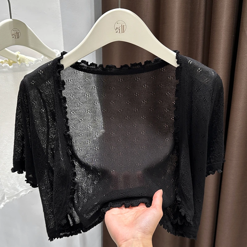 黑色冰丝针织防晒小开衫女夏季配吊带裙外搭镂空网纱披肩短袖上衣