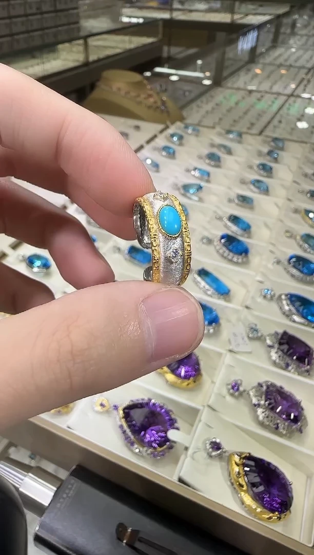 银S925镶嵌绿松石珠宝奇石6*8mm复古款