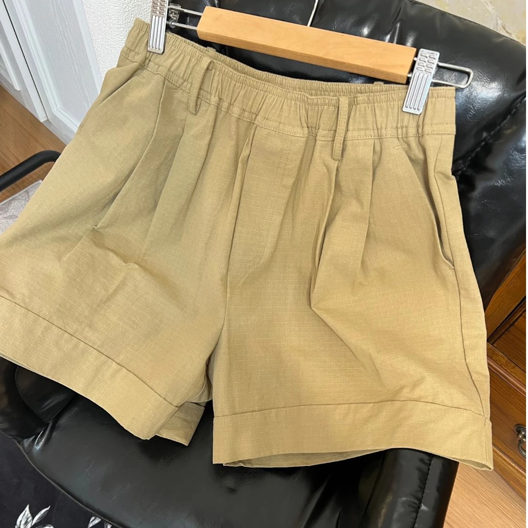 SS弹力腰卷边卡其色短裤休闲裤高腰时尚百搭夏季阔腿纯色