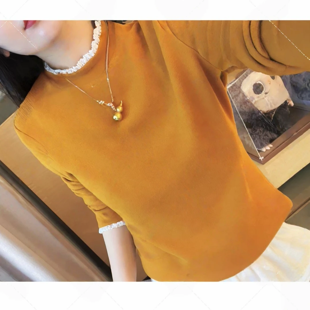 设计感花边领袖口拼接长袖T恤2025秋冬新款女士百搭显瘦套头上衣