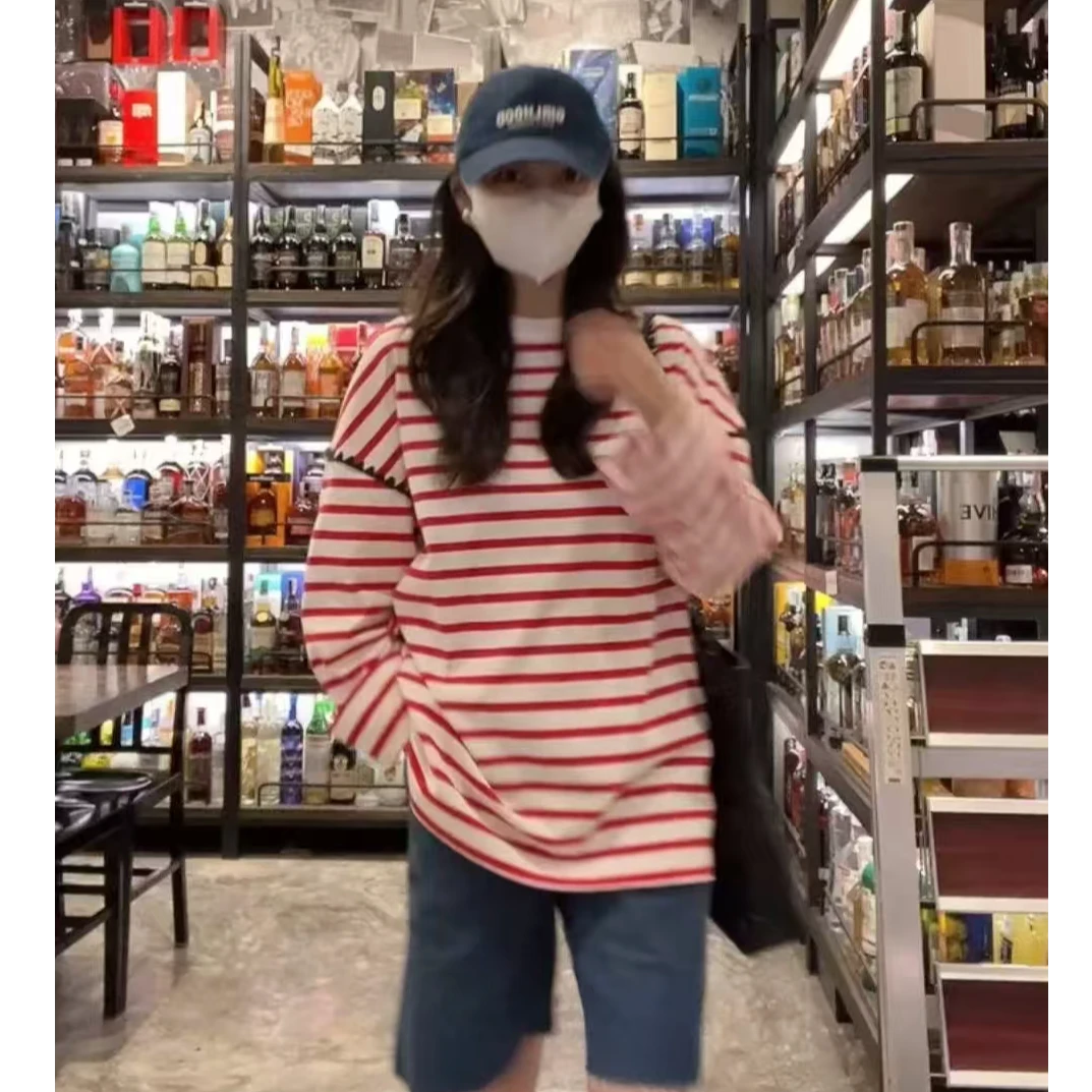 324【100棉】贝壳绣饰边条纹长袖T恤