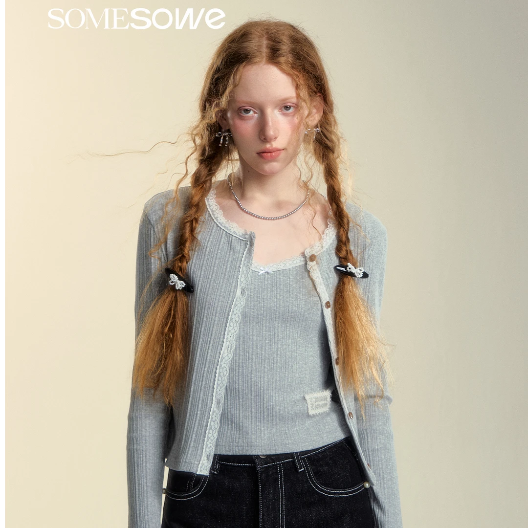 SOMESOWE蕾丝拼接肌理开衫-蕾丝拼接肌理吊带