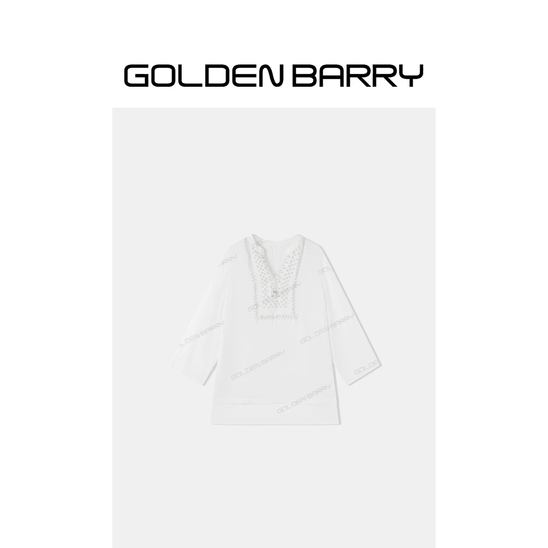 GOLDENBARRY「月光之星」钉珠亚麻套头衬衫GB060702008