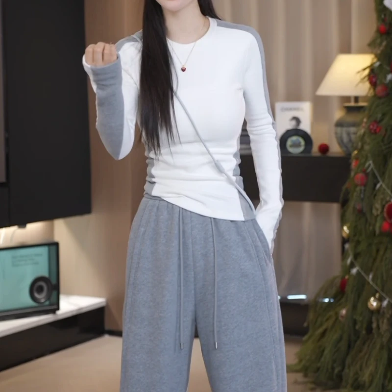 2025新款百搭气质时尚圆领拼接撞色高弹修身打底衣LK2501191