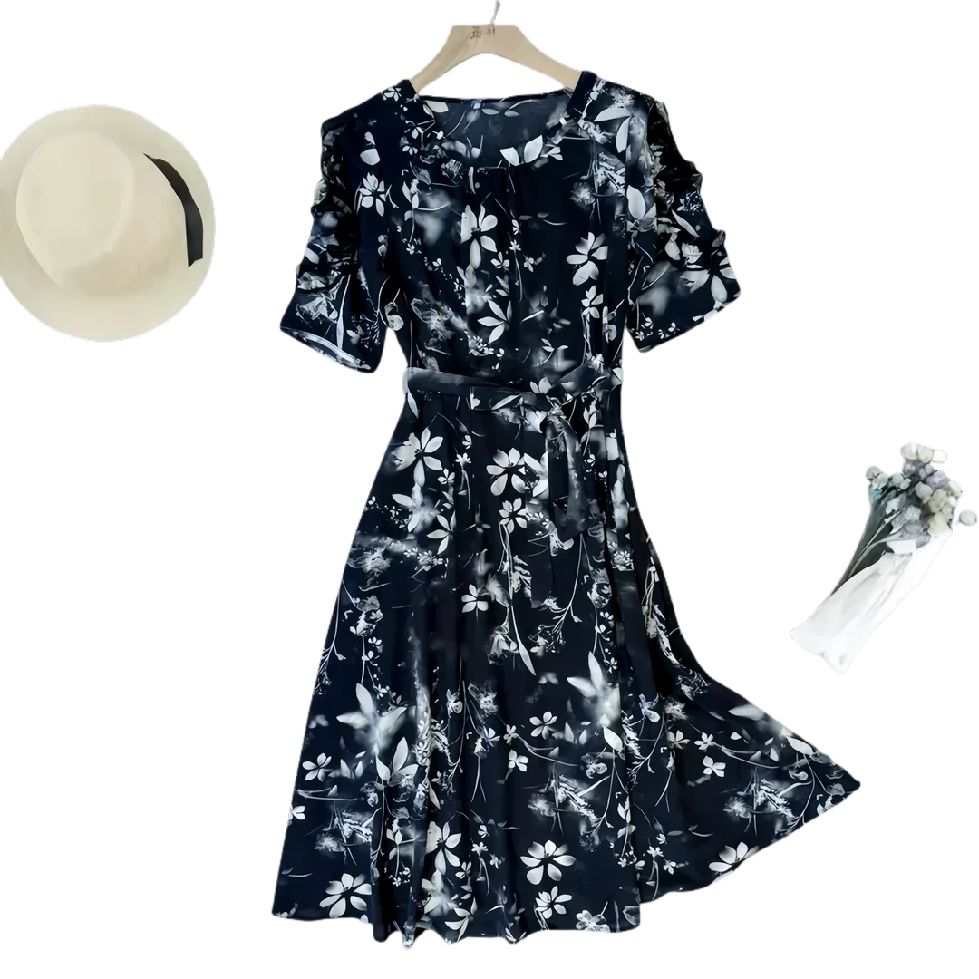 {墨香花漾}2025夏季新款碎花国风连衣裙女收腰显瘦裙子气质印花