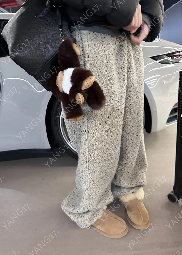 杨十七“彩点羊羔毛”泡菜国设计师款韩系复古杏色抽绳长裤卫裤加厚