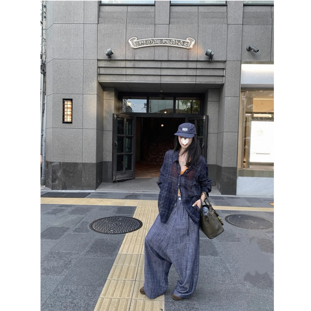 简约通勤街头韩版修身夏季格子轻薄长袖设计感两穿衬衫