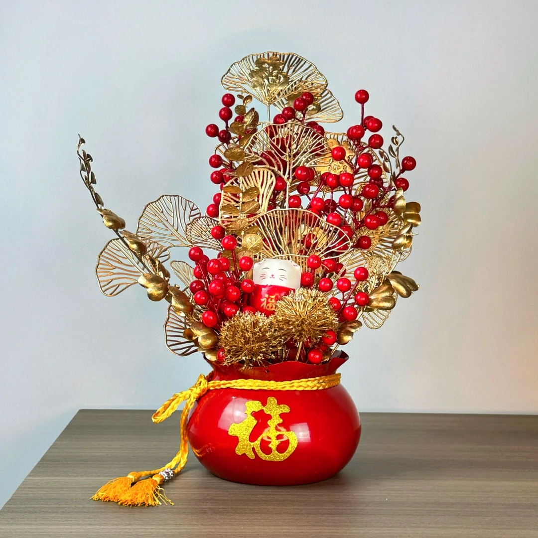 聚宝盆福桶装饰摆件摆件乔迁之喜结婚喜庆年宵花红果发财果仿真花