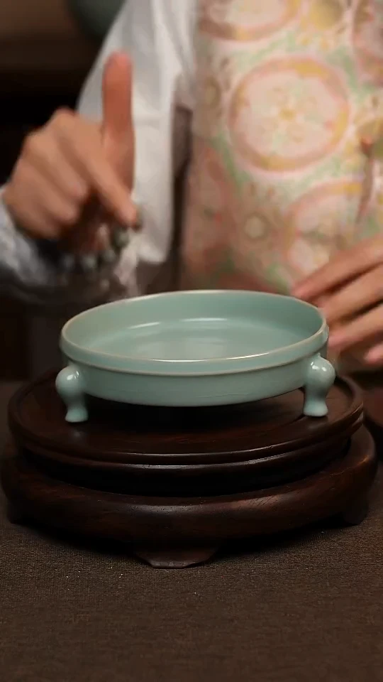 瓷片仿古天青全手三足洗壶承 微瑕 不带礼盒