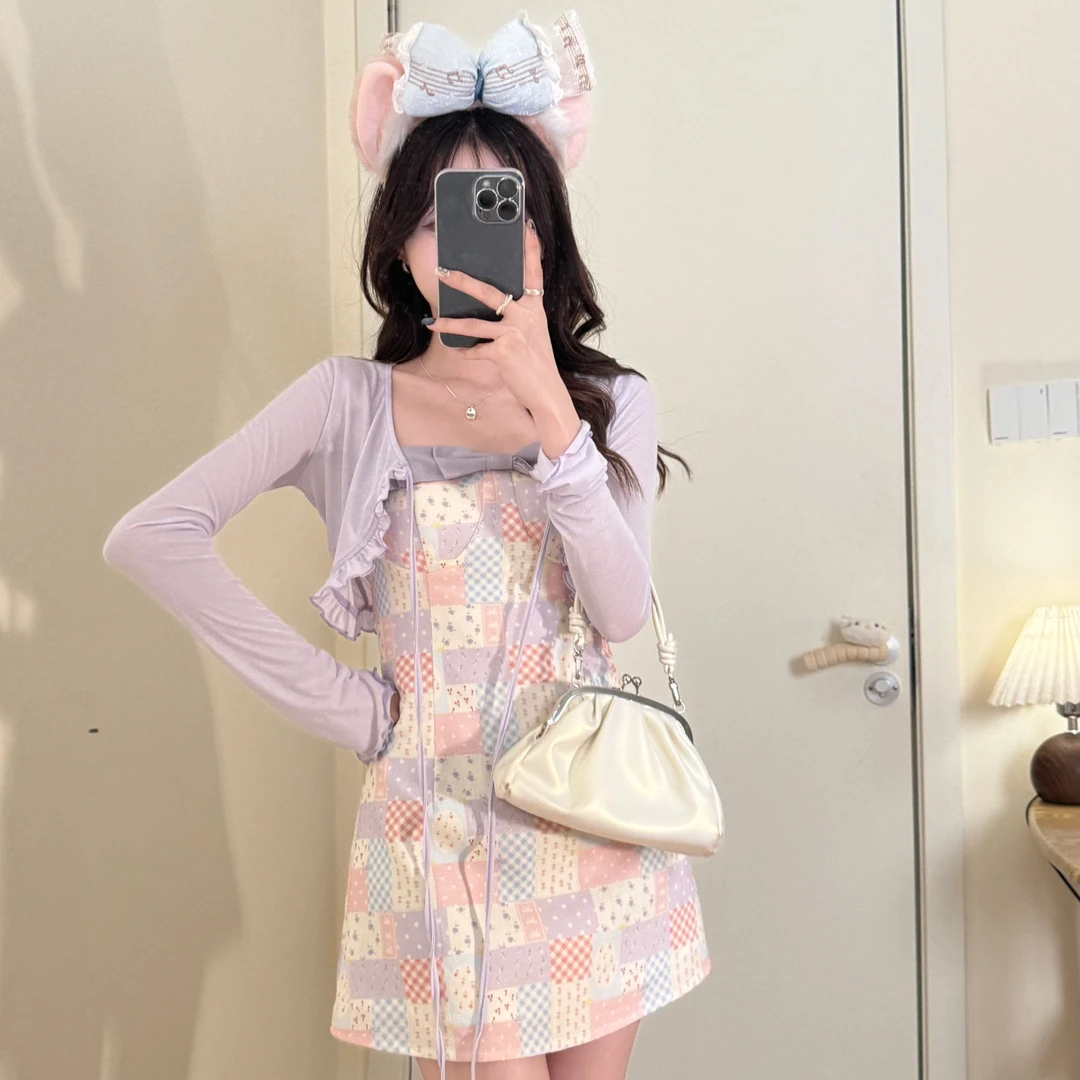 香芋奶茶 织物猪原创 千金风淡紫色蝴蝶吊带连衣裙夏季女显瘦开衫