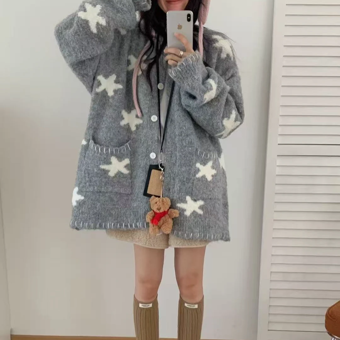 团韩系网感慵懒风松弛感日系老钱风五角星重工宽松针织开衫外套