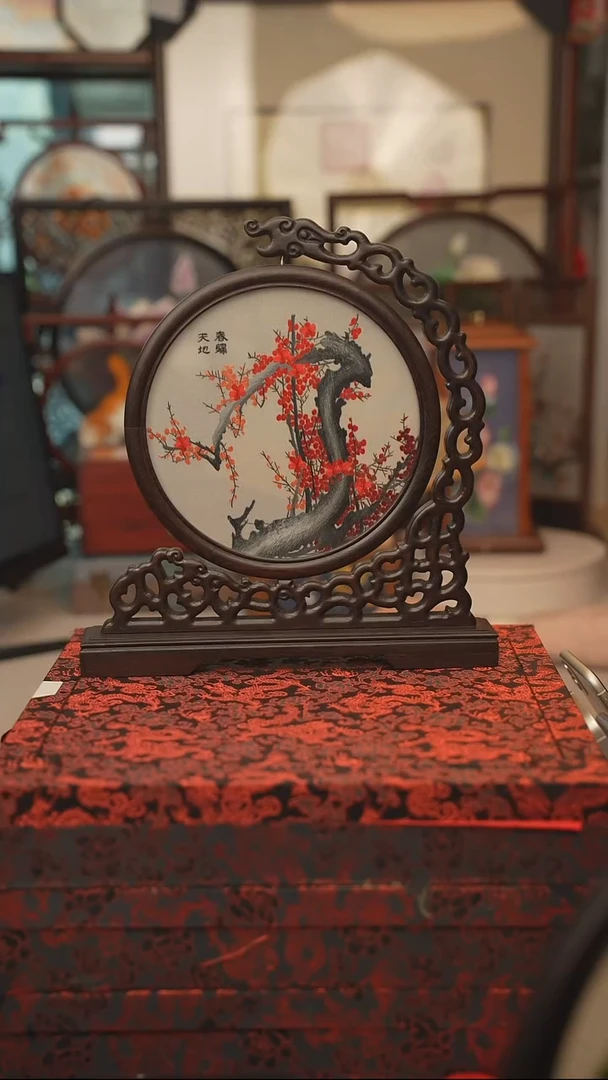 扇子龙头架 苏绣双面绣摆台