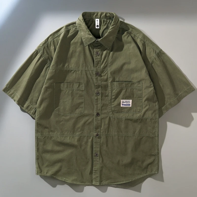 2025夏季新款宽松工装短袖衬衫男士休闲简约翻领衬衣韩版帅气薄款