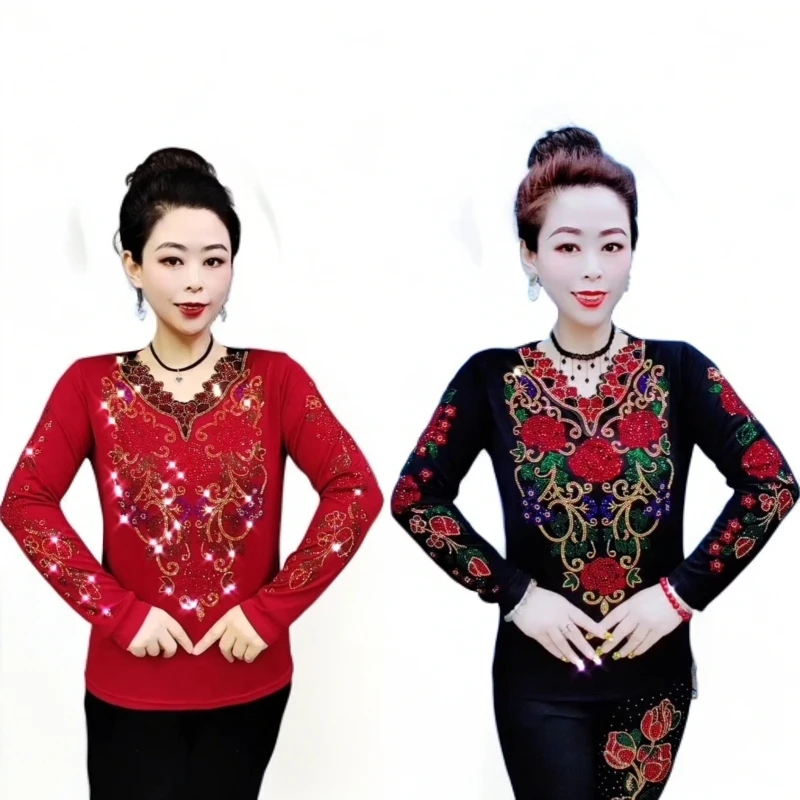 冬季新款004大码女士中老年打底衫复古网红百搭妈妈装长袖