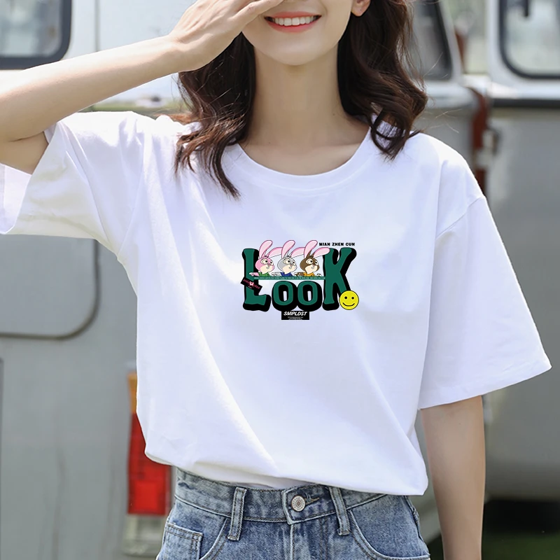 纯棉短袖女夏季新款圆领白色T恤宽松百搭字母新疆棉体恤女士G116