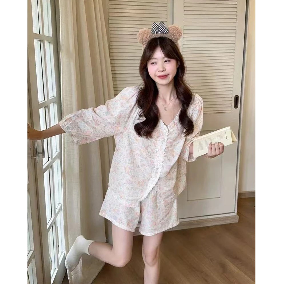 夏日小碎花田园风七分袖带杯垫三件套睡衣透气舒适亲肤套装2143