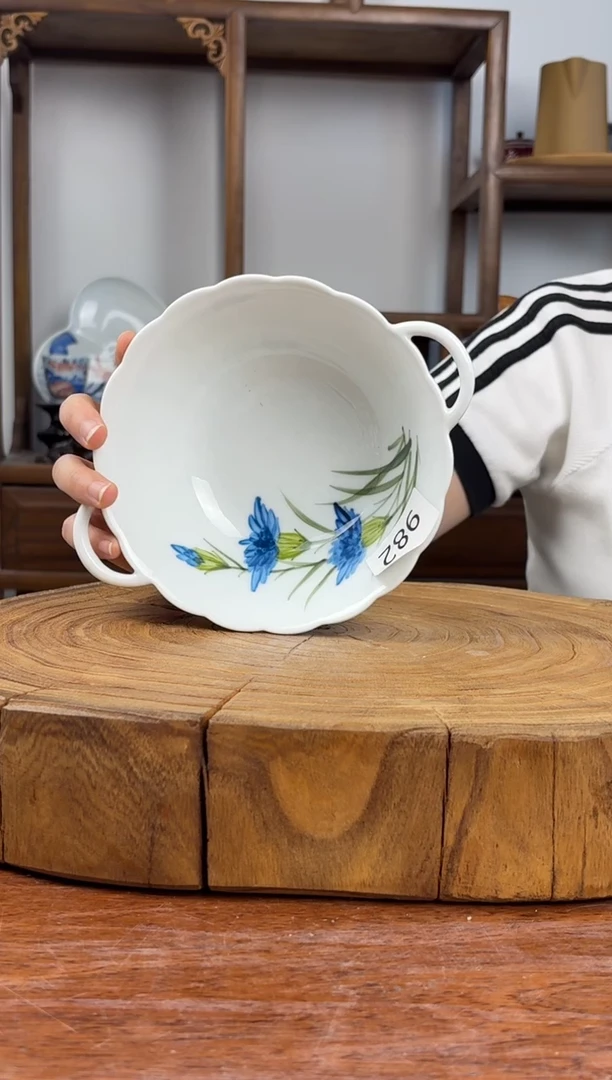 瓷片景德镇高温釉中彩-花边双耳碗82