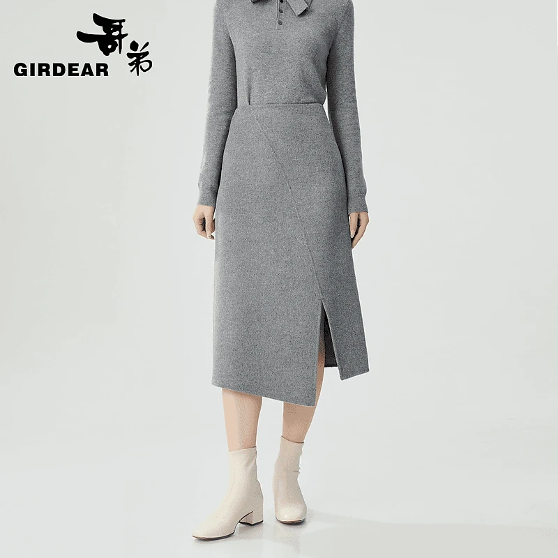 GIRDEAR/哥弟秋冬新款修身通勤高腰不规则毛呢呢子半身裙1200383