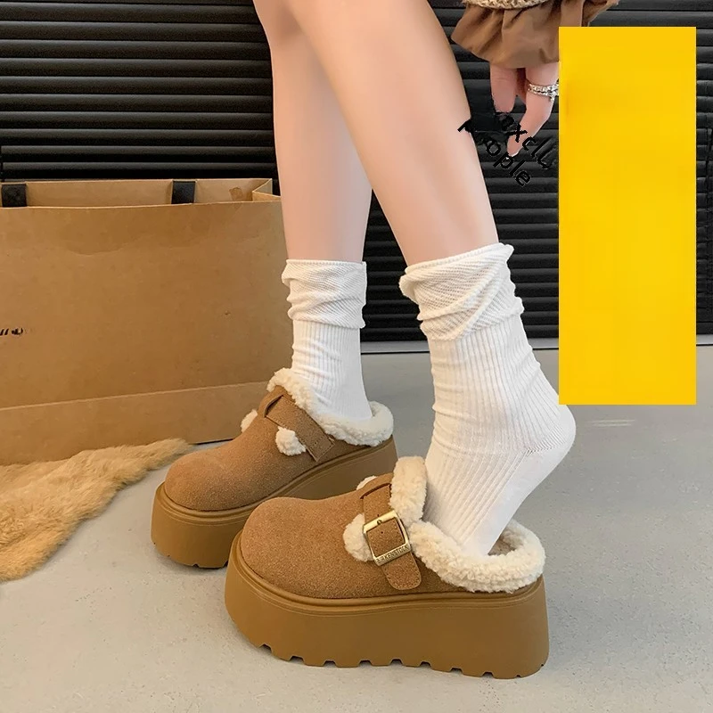 厚底增高一脚蹬包头毛毛半拖鞋女2025秋冬外穿加绒小个子勃肯棉拖