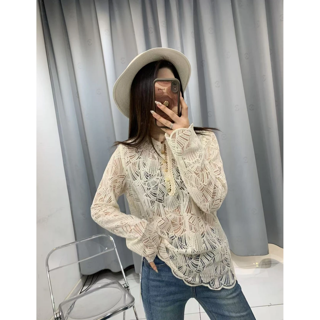 可米 春季新款 气质洋气百搭镂空蕾丝长袖 89955（衣长66左右）