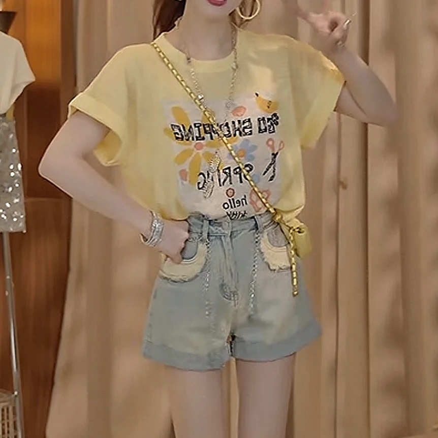 设计感薄款卡通印花图案休闲圆领半袖T恤2025年夏季新款休闲上衣