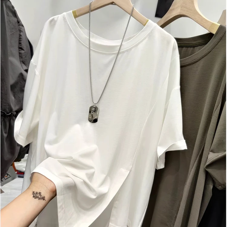 2025欧洲站不规则白色短袖T恤女夏季宽松半袖体恤鲨鱼裤搭配的上