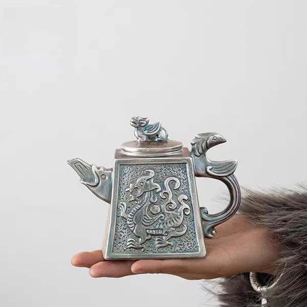 手作鎏银浮雕麒麟茶壶复古功夫茶具收藏泡茶壶 1420