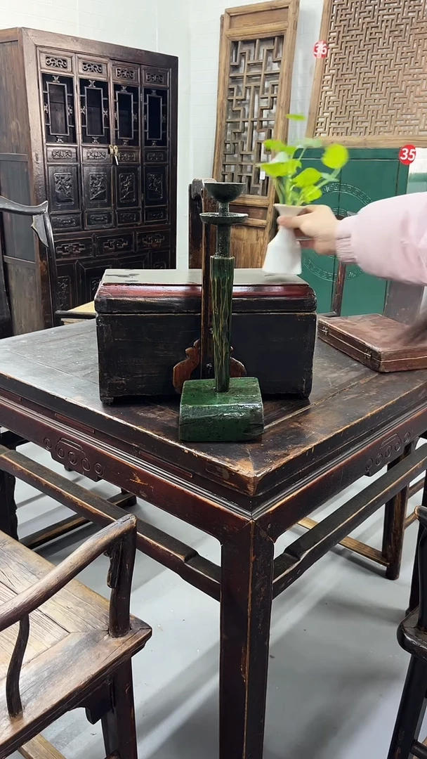 木脸*·实木材质提梁食盒加上绿色灯台老物件