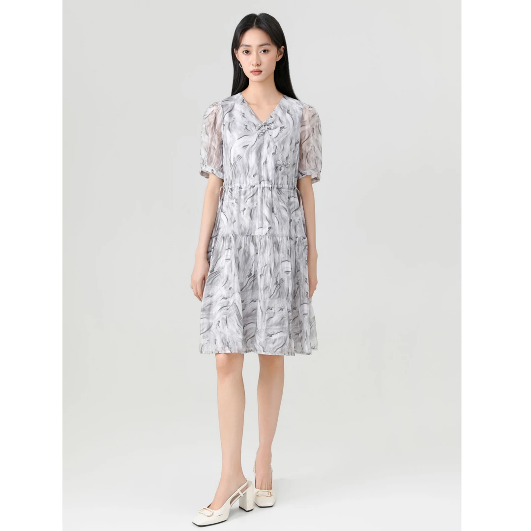 小个子中长款V领雪纺连衣裙162Y2508