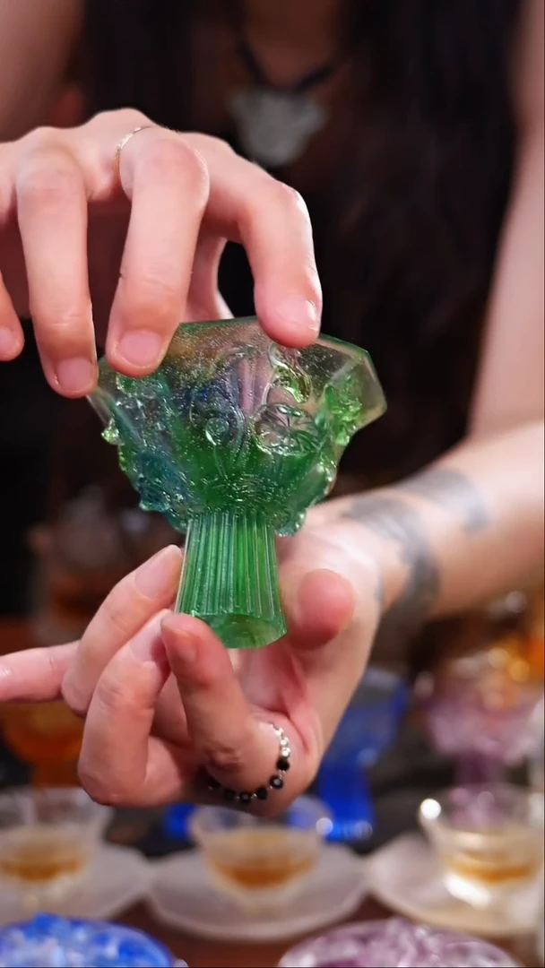 手工艺品琉璃蓝绿色荷花高足茶盏