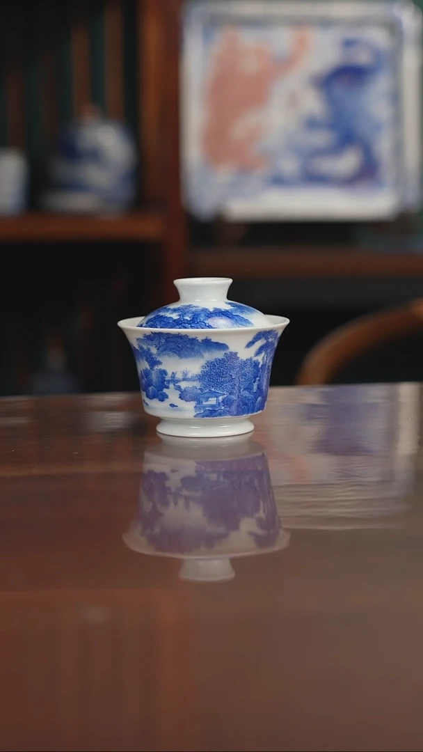 晓月柴窑 山水盖碗