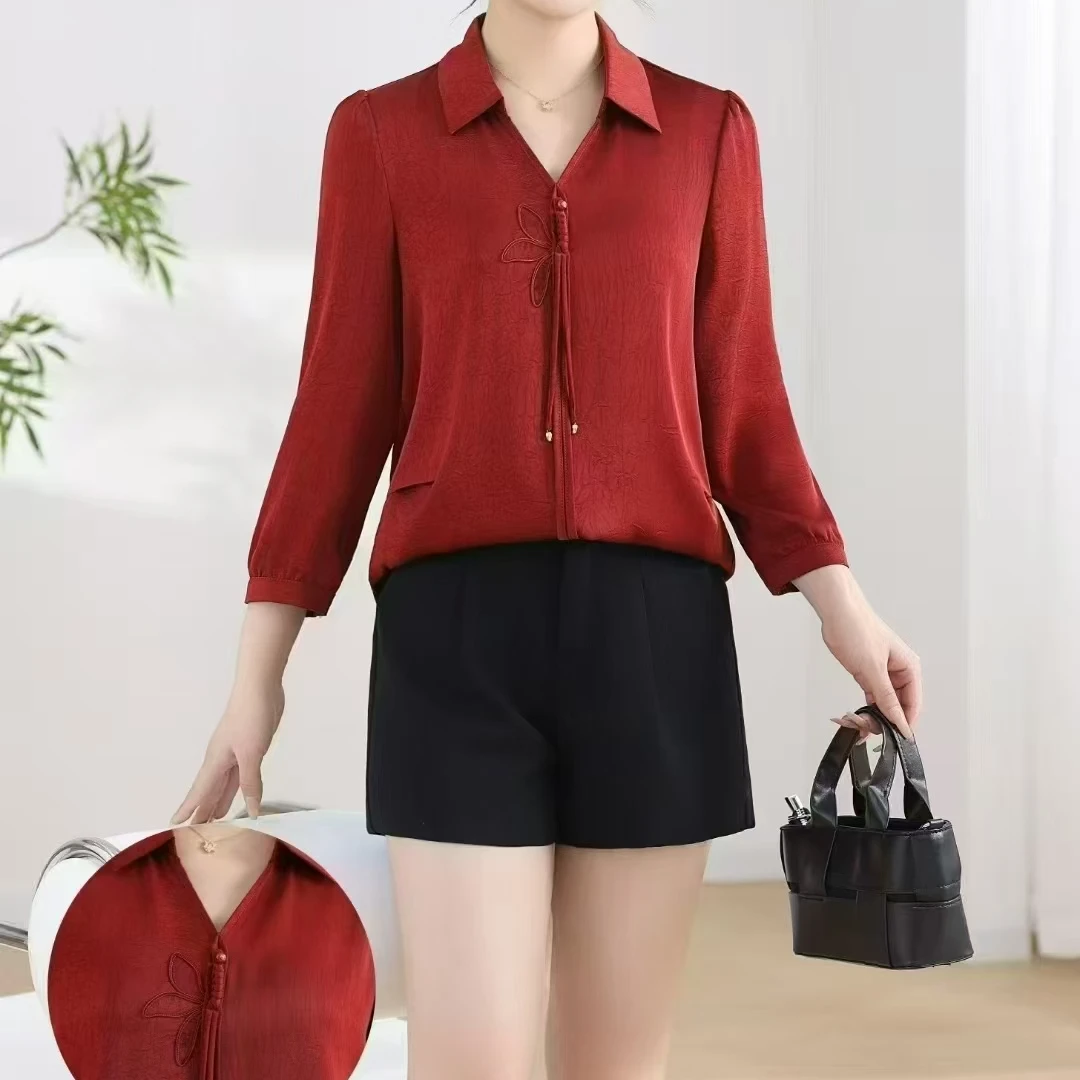 妈妈款夏装衬衫上衣气质显瘦七分袖新中式洋气绣花纯色翻领