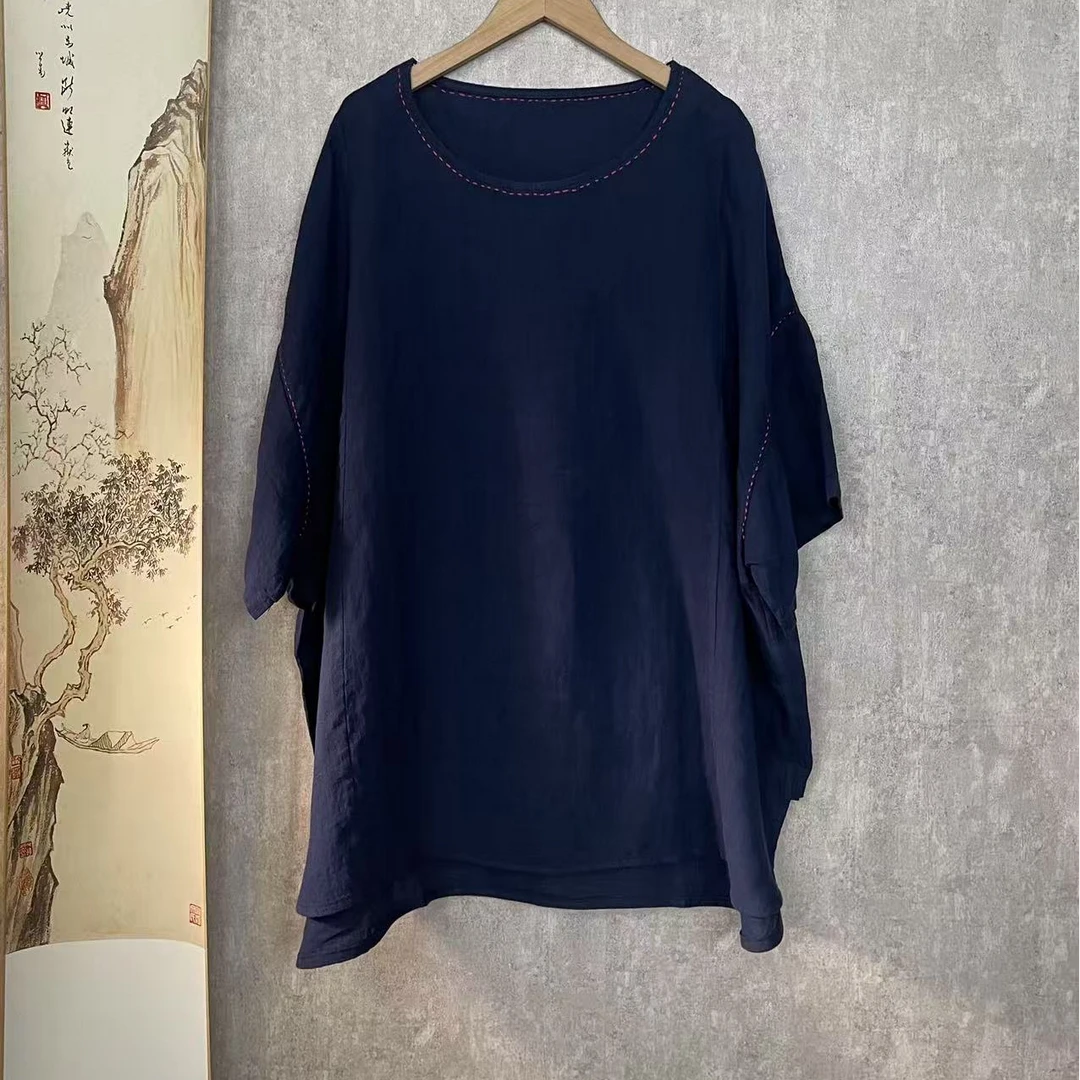 芬雅亚麻圆领手工明线休闲宽松大码套头衫衣长72胸围142