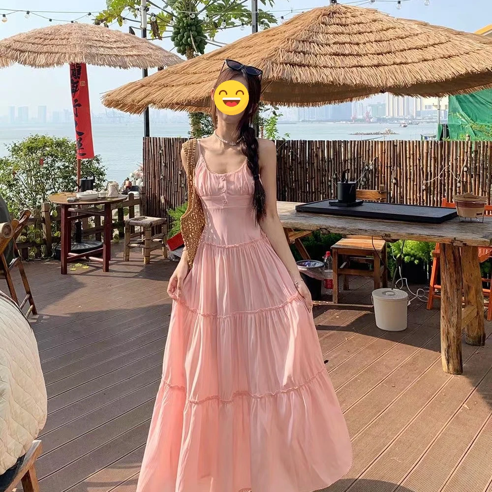 2024爆款女装夏季粉色吊带裙女季海边连衣裙甜美蛋糕长裙收腰A字